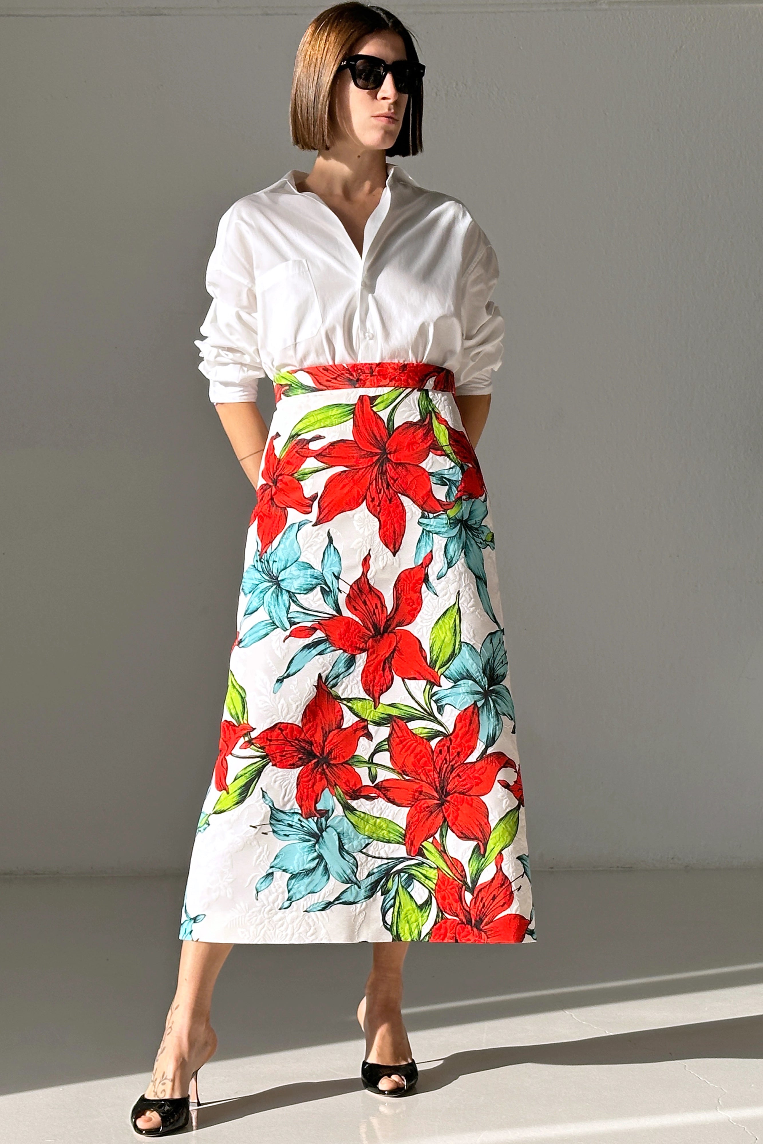 Gonna lunga svasata vita alta Flower Red Azur LUNATICAMILANO.COM