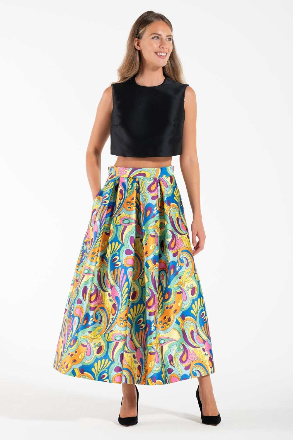 Gonna Luna K midi ampia a vita alta con stampa colorata e tasche