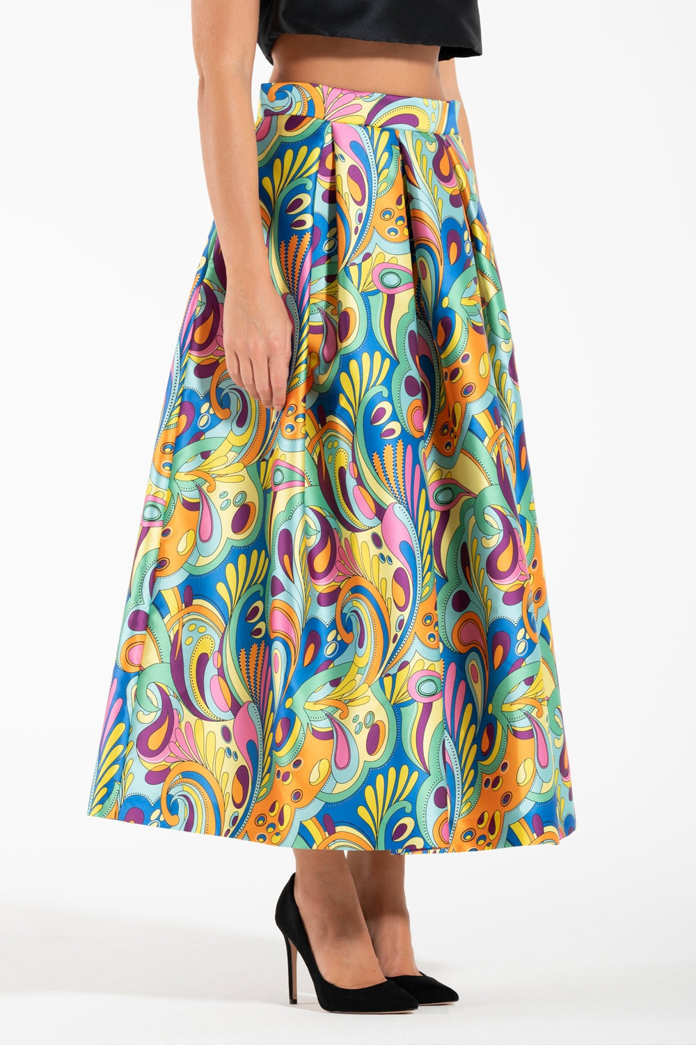 Gonna Luna K midi ampia vita alta in tessuto stampato verde con chiusura cerniera invisibile e tasche