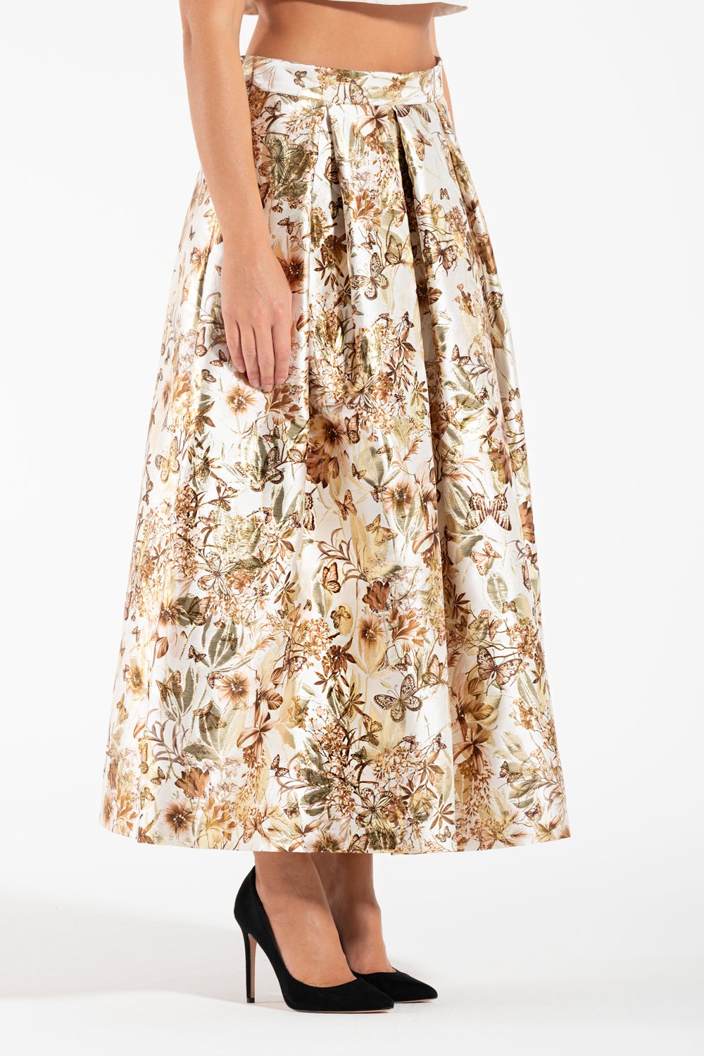 Gonna Luna LX butterfly brown midi high waist printed skirt with pockets and invisible zipper closure