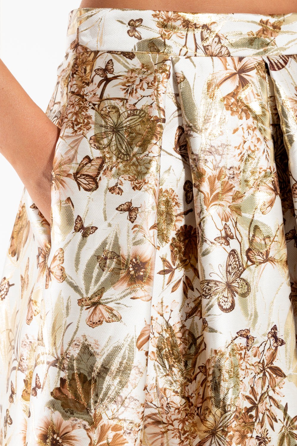 Gonna Luna LX midi skirt with butterfly print, high waist, side pockets, and invisible zipper closure in brown tones