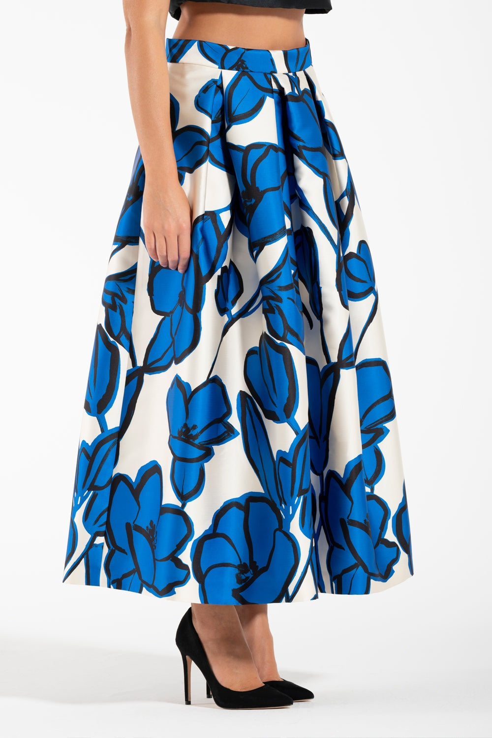 Gonna Luna K midi skirt with high waist, blue floral print, invisible zipper, and pockets.
