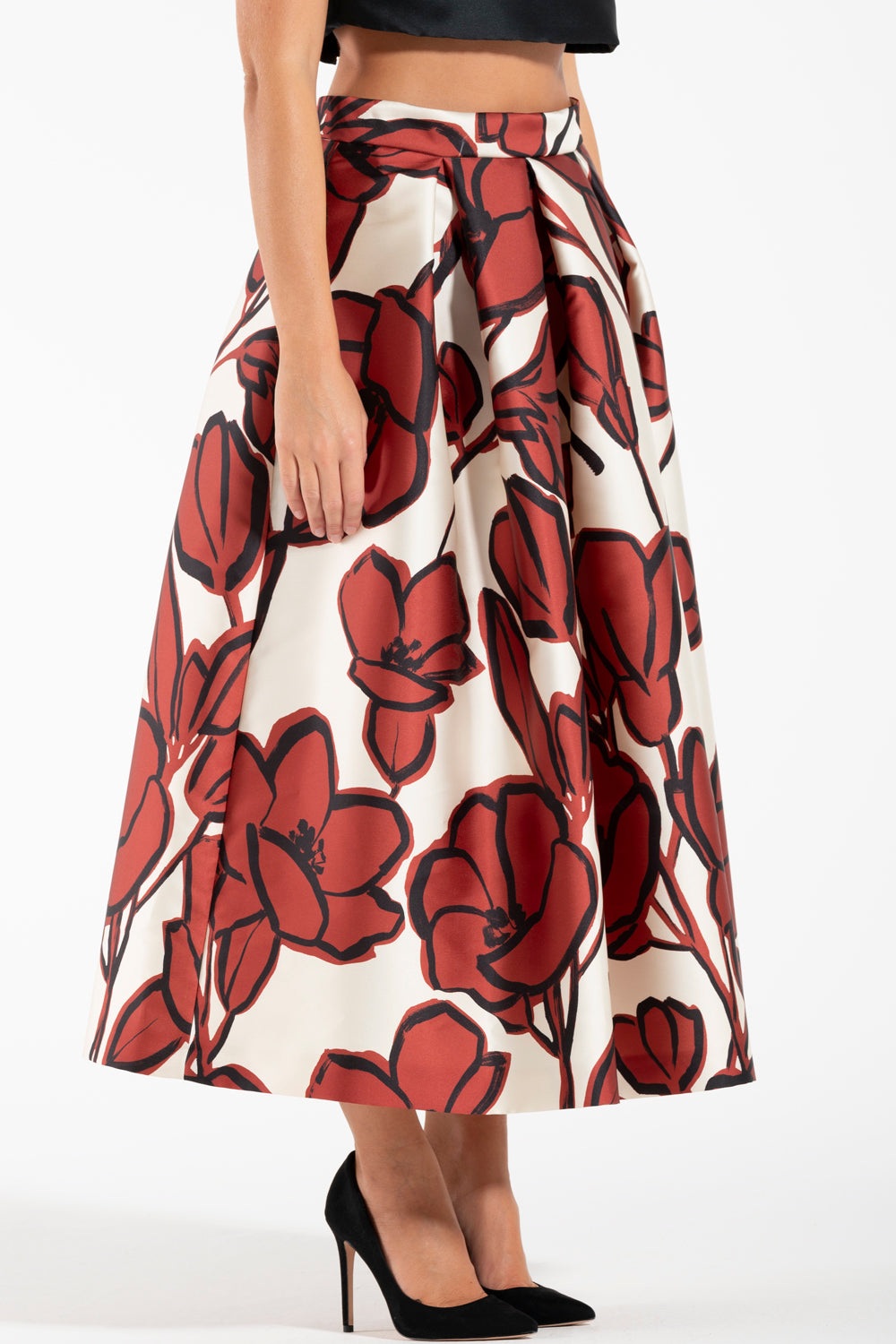 Gonna Luna K midi skirt with high waist and brown floral print fabric