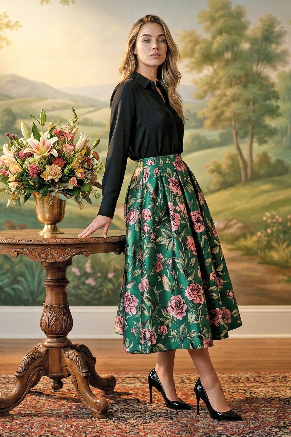 Gonna midi Roses Green