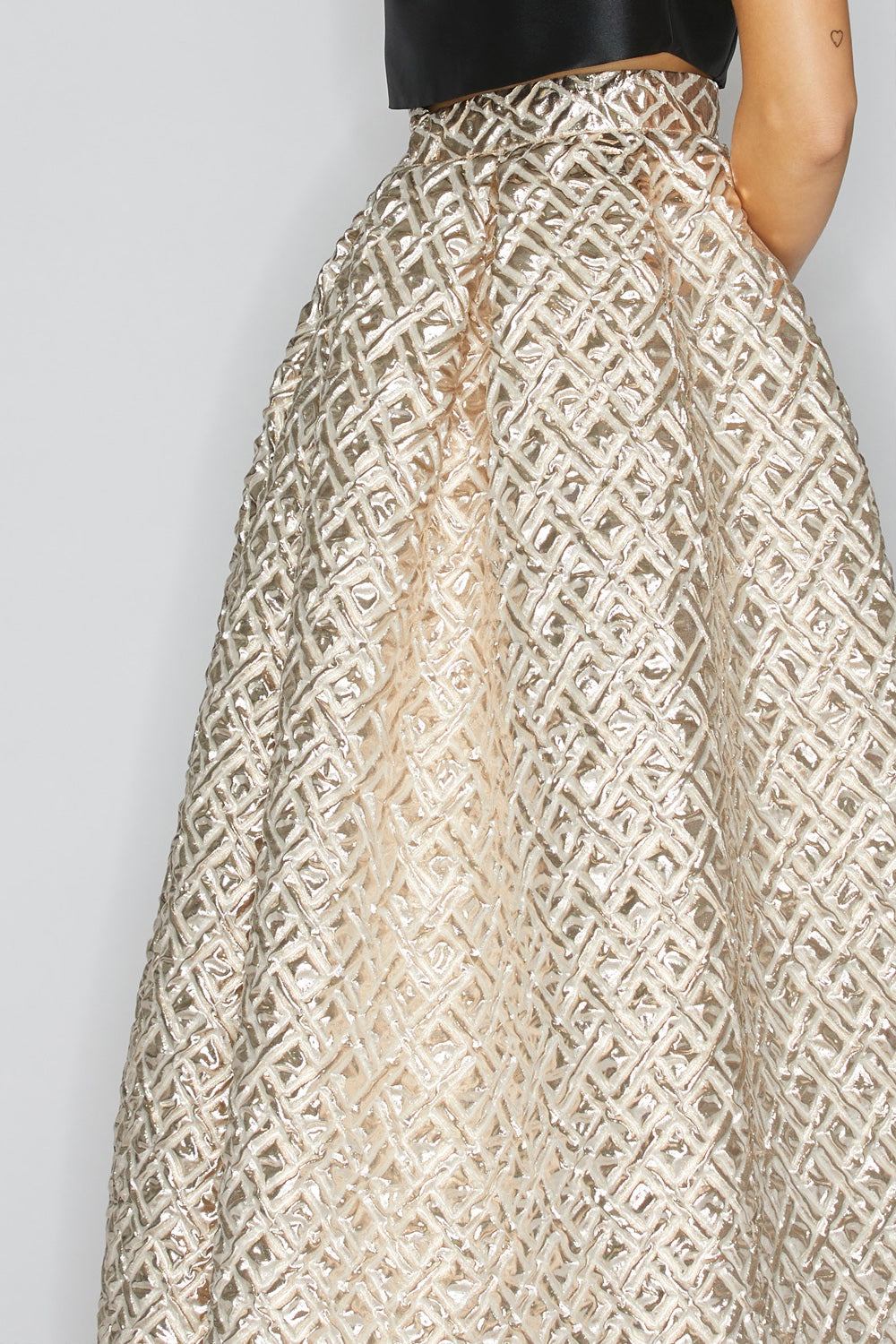 Gonna Platinum Long midi skirt in platinum brocade lurex fabric with high waist and invisible zipper closure