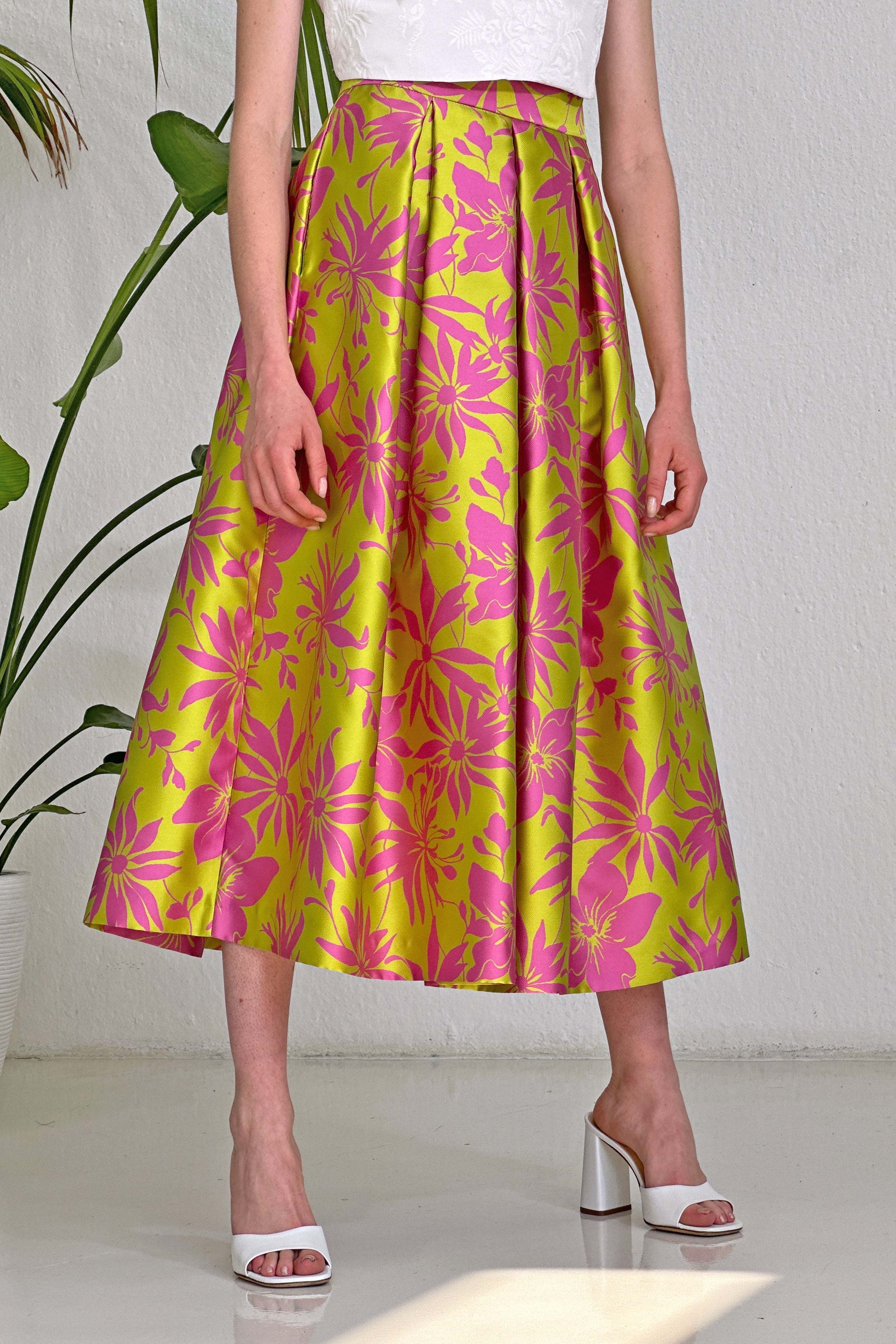 Acid Pink Jacquard Skirt - Elegant high-waisted midi skirt in