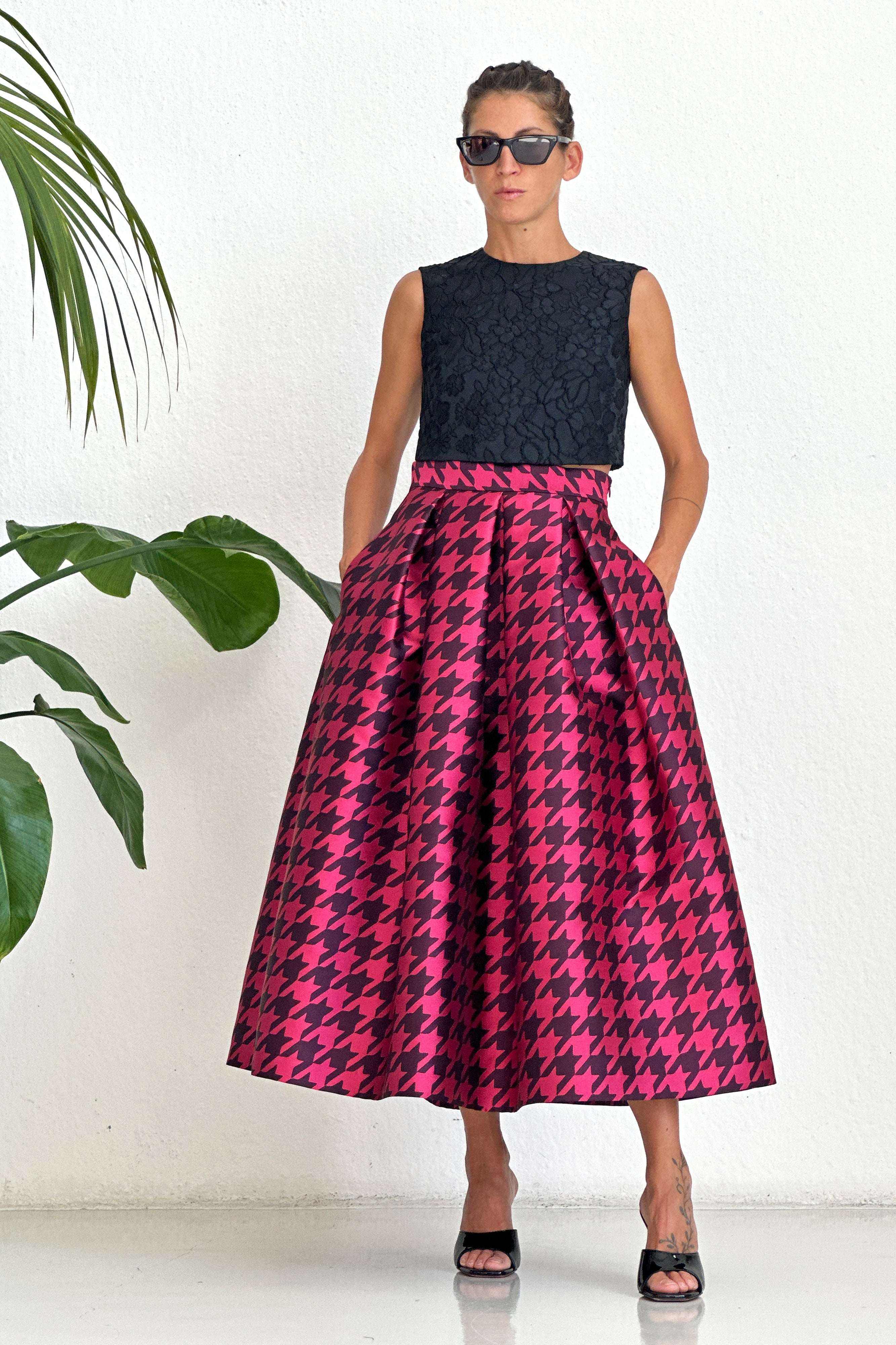 Gonna Pied de poule violet plissé en jacquard bicolore avec poches, sans doublure, made in Italy