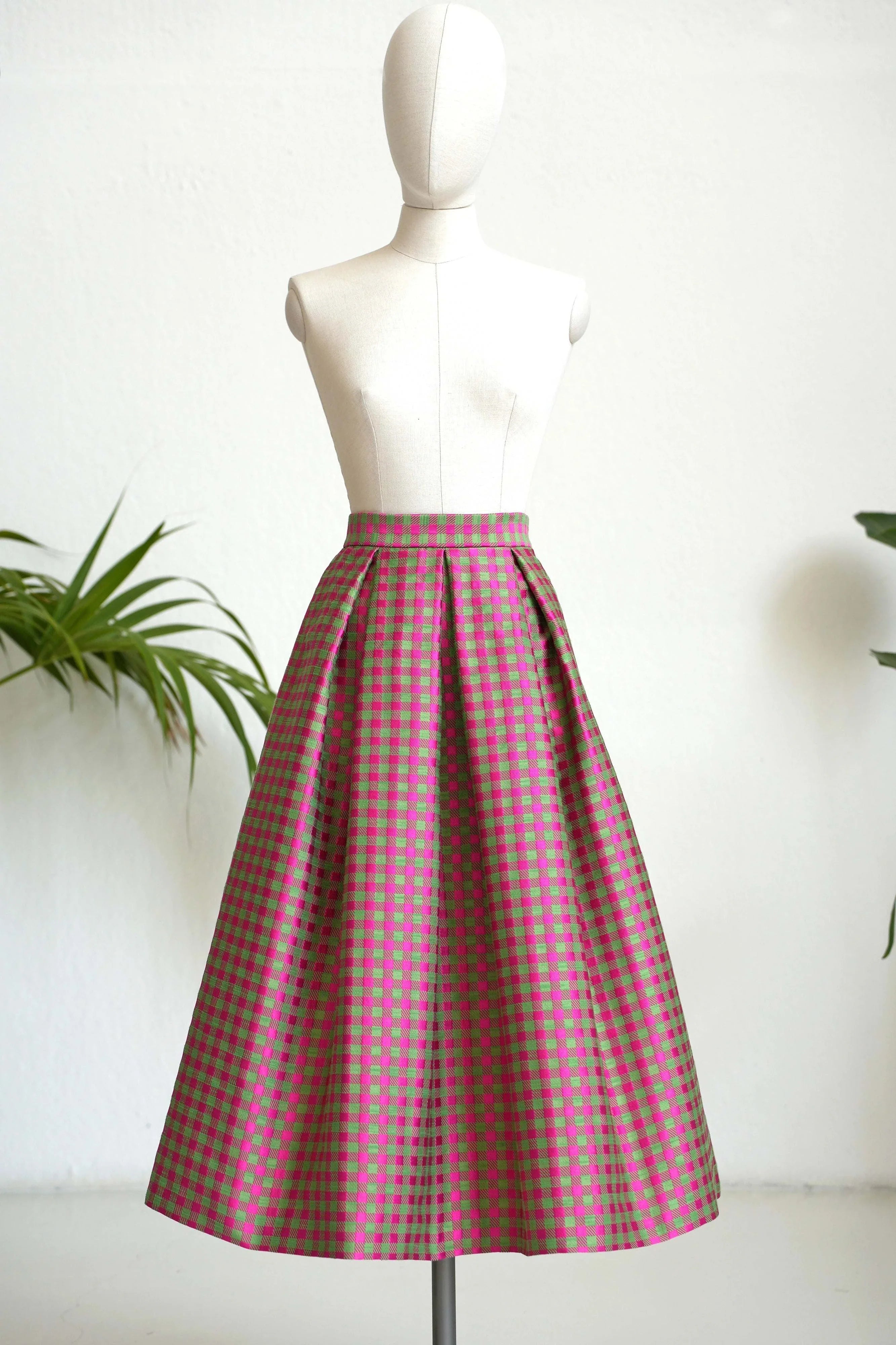 Gonna midi Vichy verde e fucsia in cotone jacquard Made in Italy