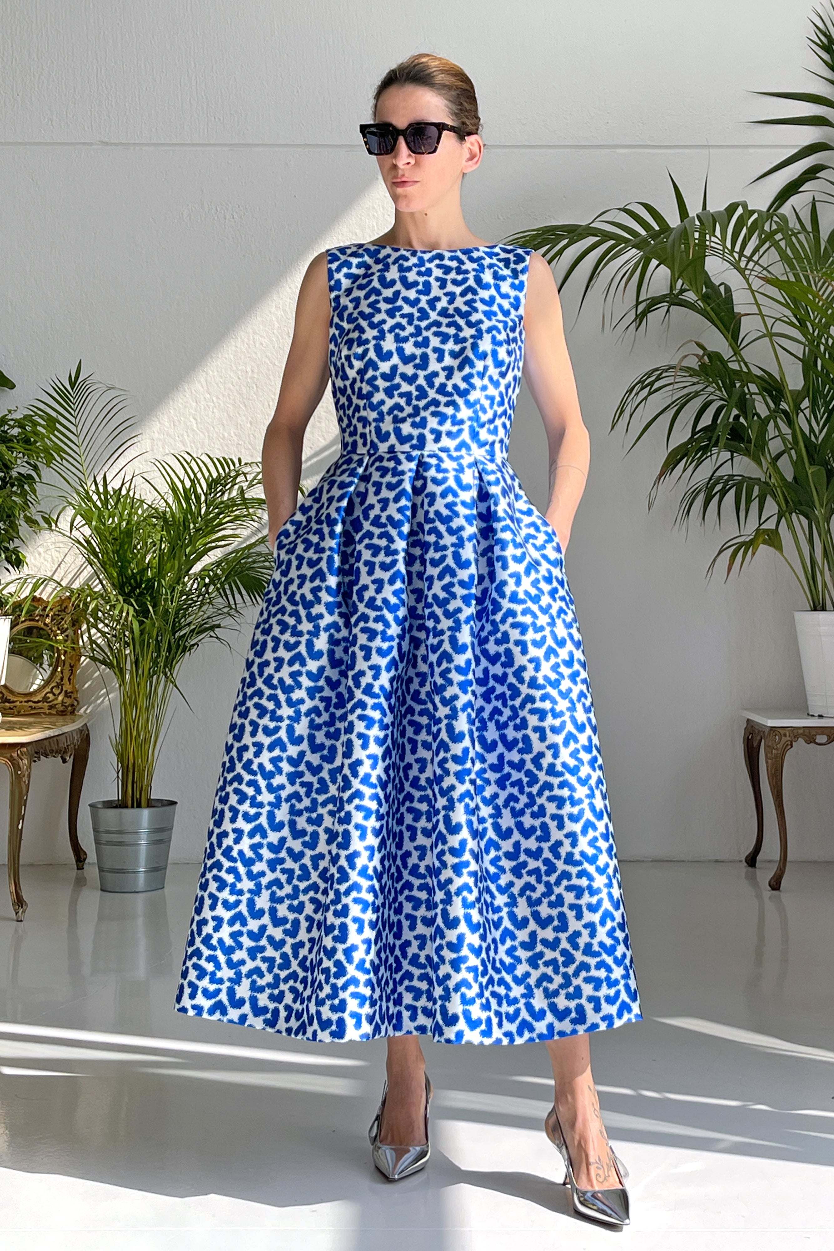 Abito MYLOVE BLU sleeveless pleated midi dress in blue mikado fabric with pockets and V-back neckline