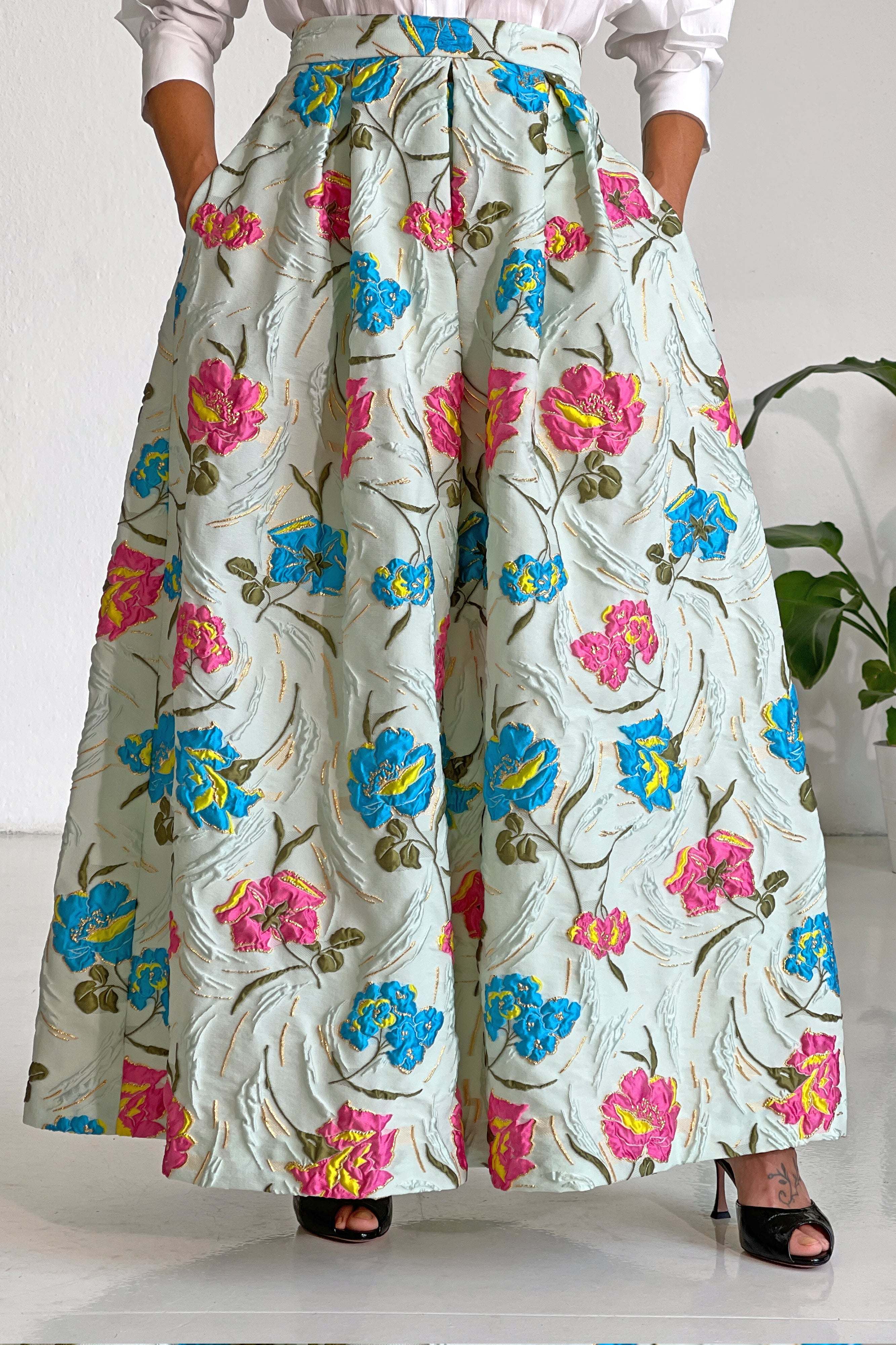 Gonna lunga Excellence midi skirt in jacquard lurex fabric with floral pattern and high waist design