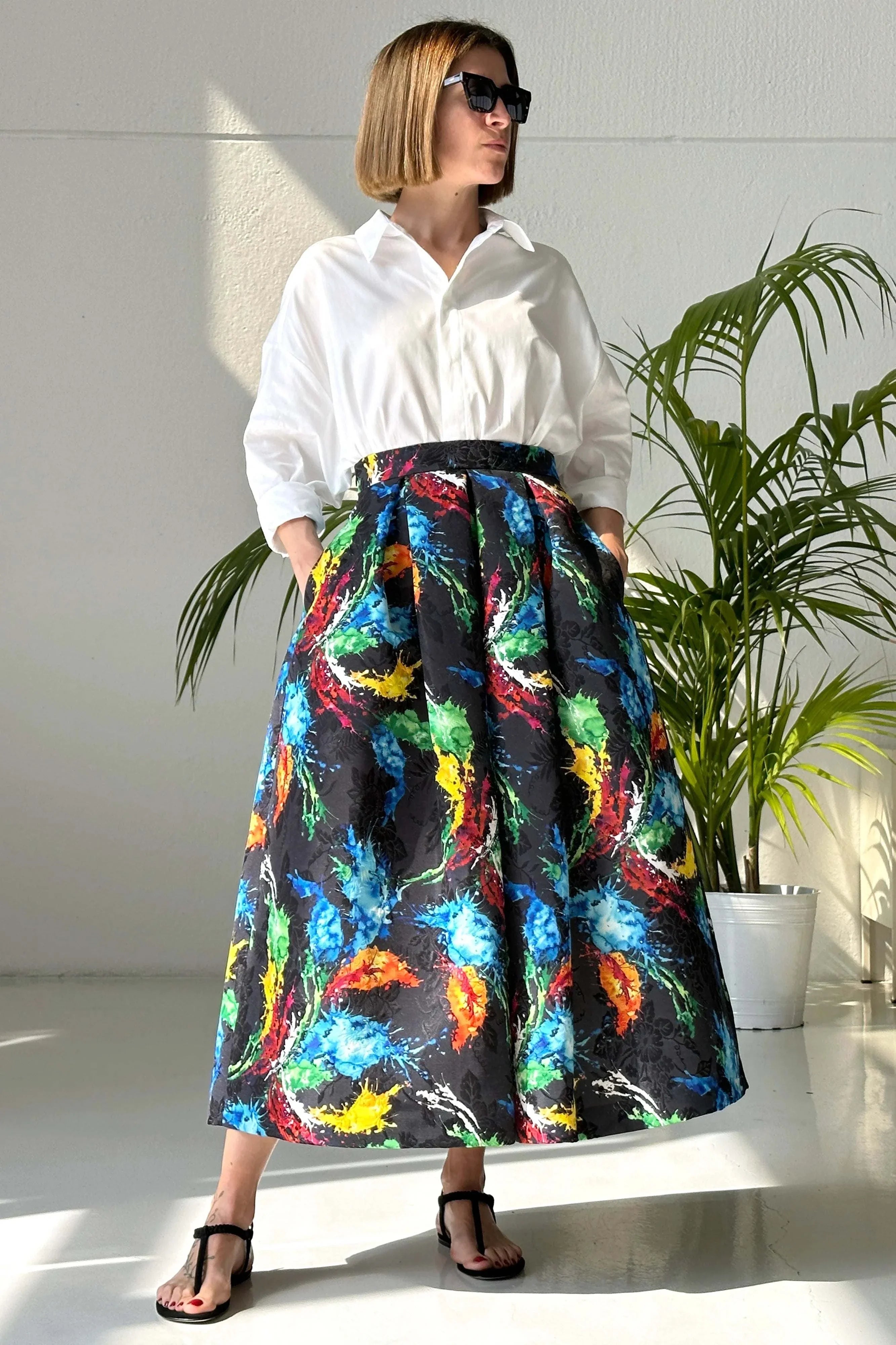 gonna midi ampia jacquard stampata a vita alta nera con stampa colorata