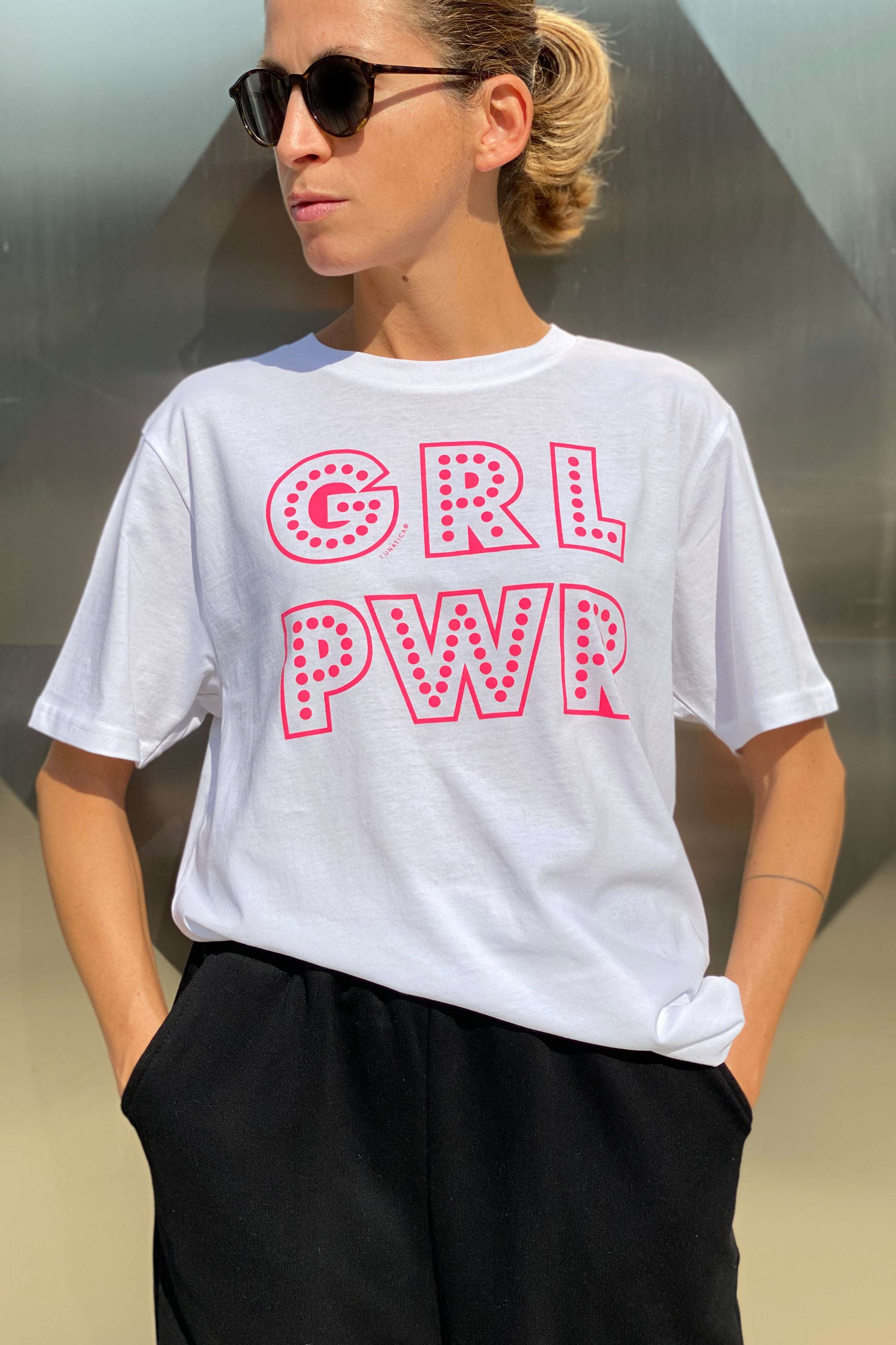White unisex oversize cotton TShirt Bianca with GRLPWR print and wide fit